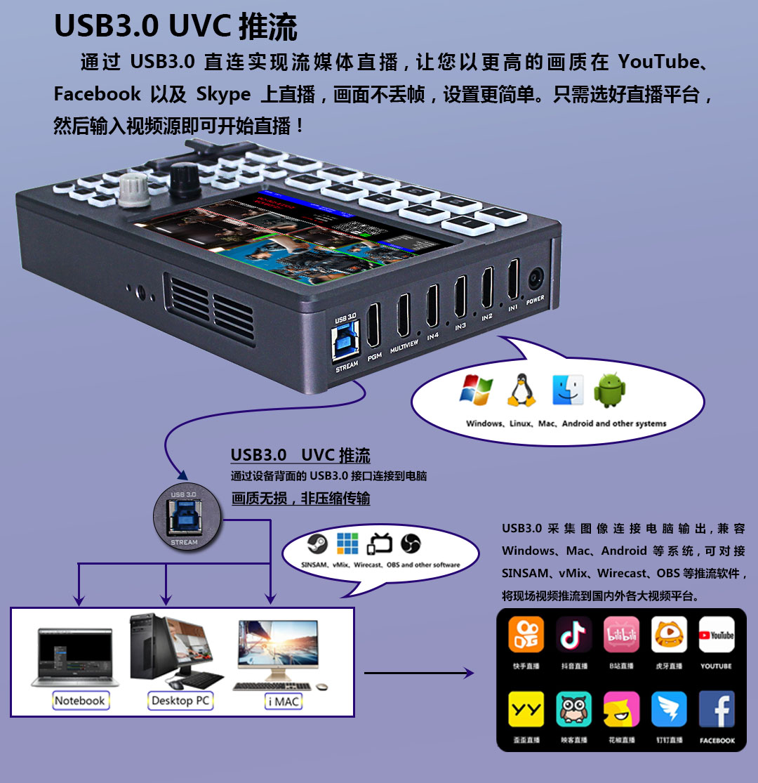 中帝威HDS8301切换台/4HDMI输入/1HDMI输出/可扣绿可TF卡录制/带TALLY/带UVC功能/小巧便携带5寸高清屏幕