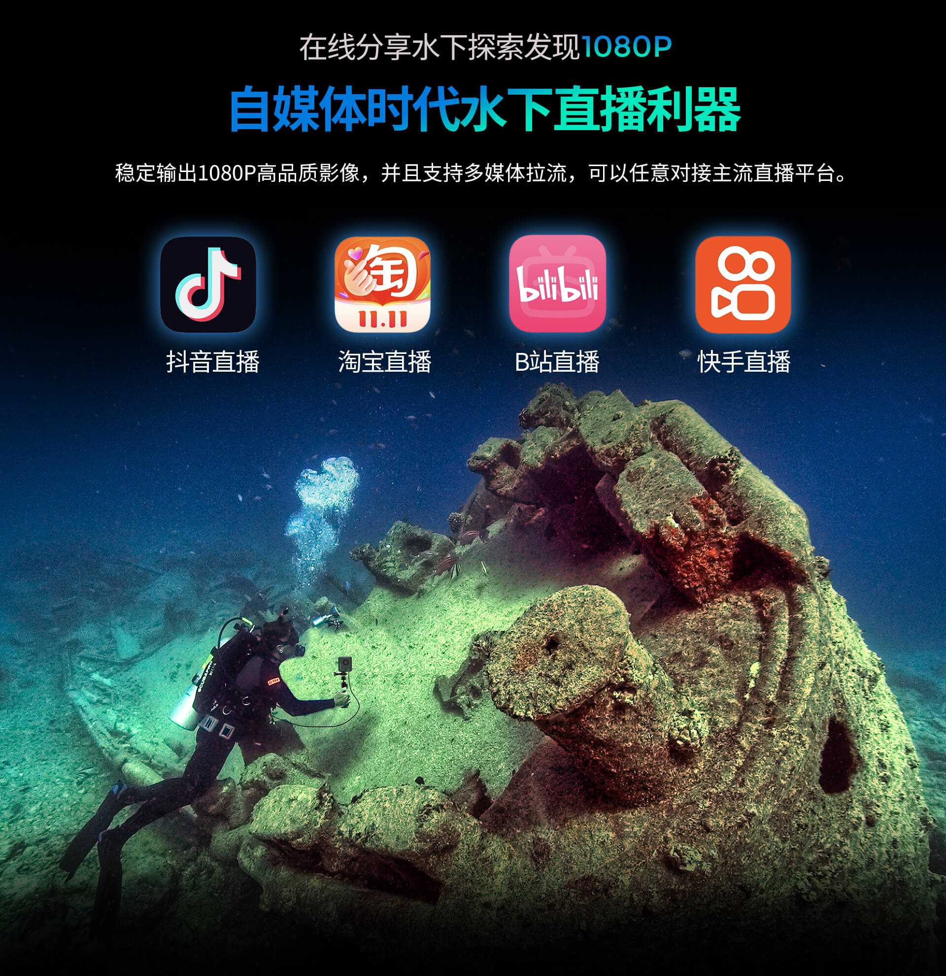 约肯/Dive Master/专业4K水下高清图传摄像机,实时监看毫秒延时