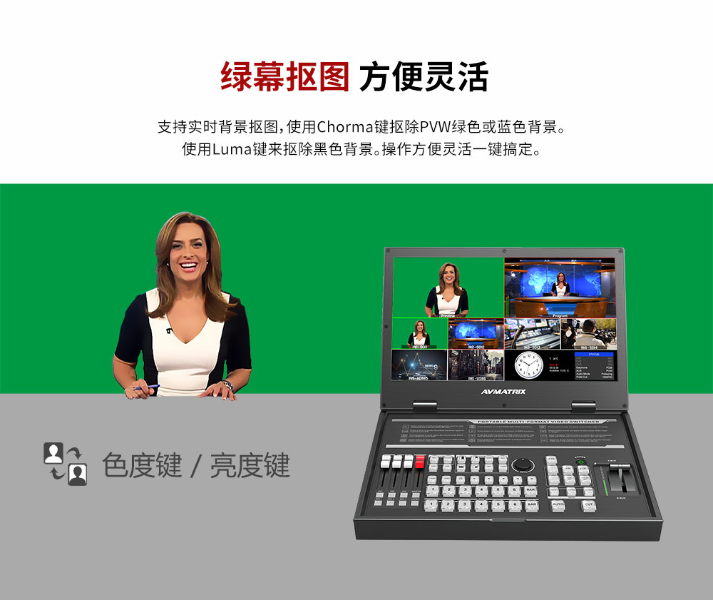 迈拓斯PVS0615U绿幕抠图录制15.6寸6通道SDI HDMI直播导播切换台