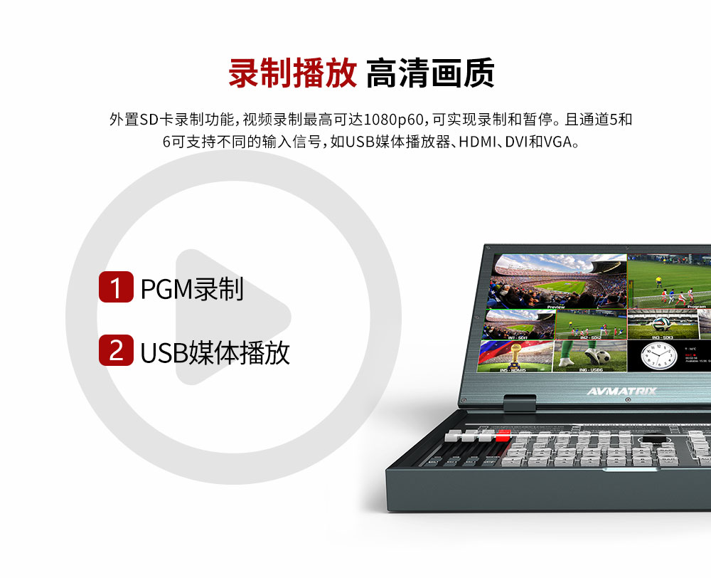 迈拓斯PVS0615U绿幕抠图录制15.6寸6通道SDI HDMI直播导播切换台